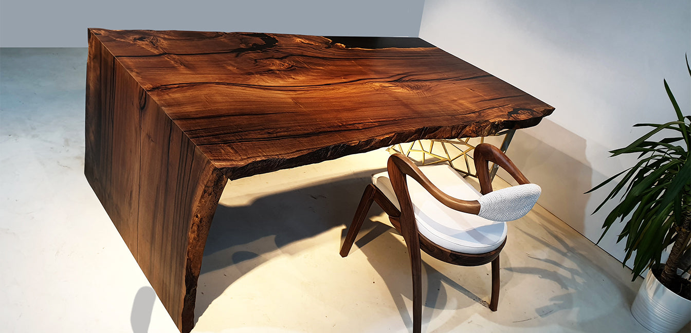 Waterfall Walnut Single Slab Desk 500 Year Old – LEGNOR FURNUTURE